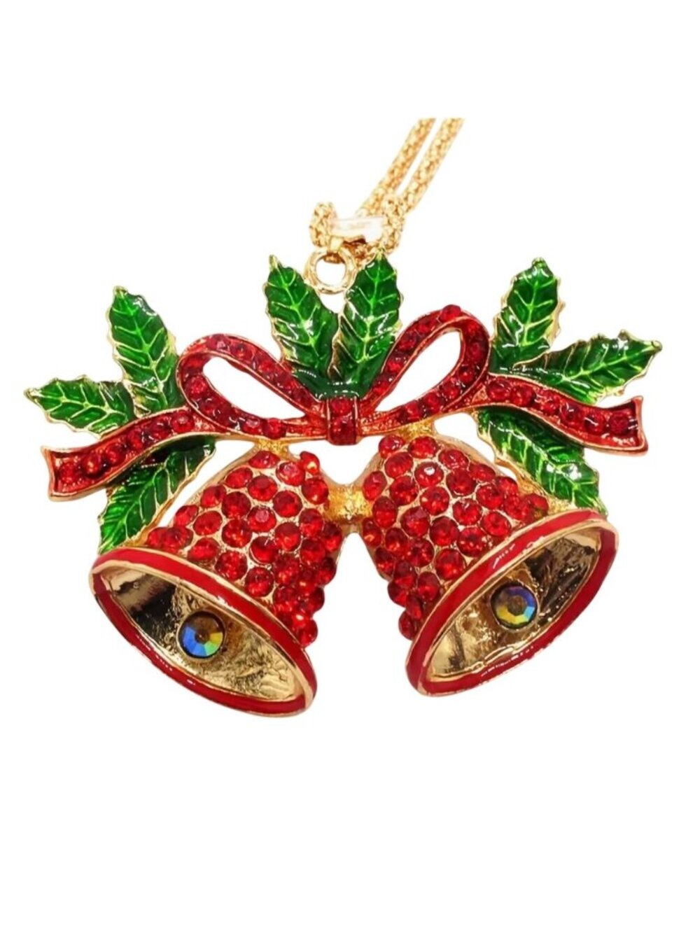 Red & Green Crystal Christmas Bells Necklace Gold Tone